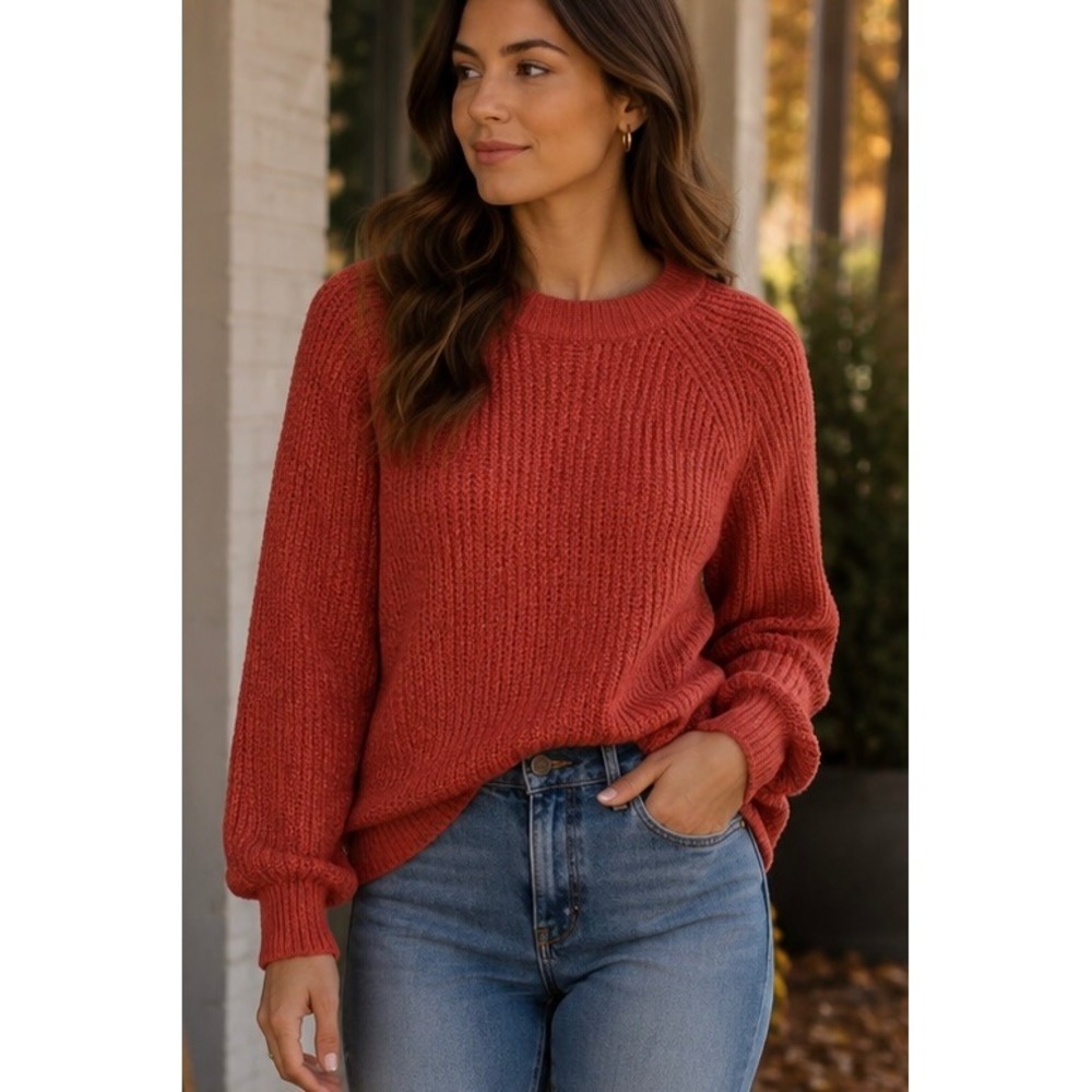 Evereve Sweater Orange Small Shaker Stitch Raglan Knit‎ Pullover Cozy Minimalist